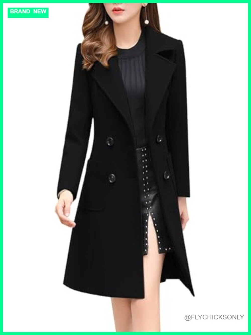 Wool Blend Pea Coat Double Breasted Notch Collar Midi Winter Overcoat